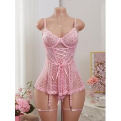 Lingerie sexy avec jarretiere -rose