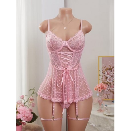 Lingerie sexy avec jarretiere -rose