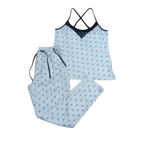 Pyjama pantalon long avec débardeur en satin-Noir Ecru