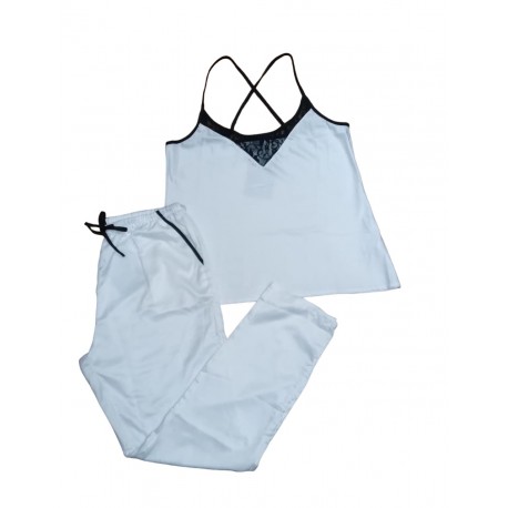 Pyjama pantalon long avec débardeur en satin-Noir Ecru