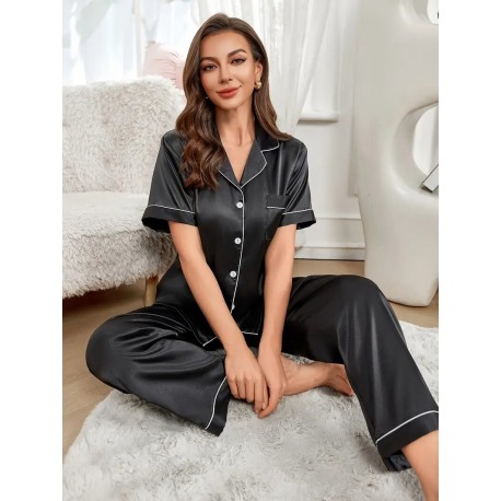 Ensemble de pyjama 2 pièces en satin-Rouge